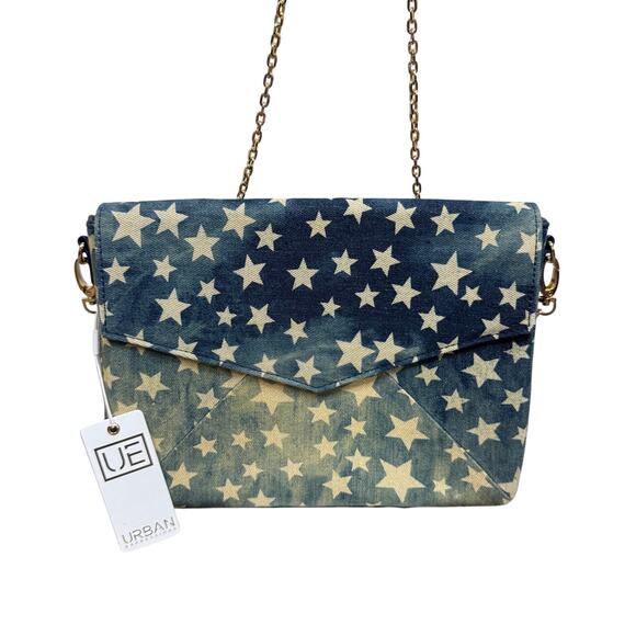 Urban Expressions Mercury Blue Denim Star Print Clutch Chain Crossbody Bag NWT - Picture 1 of 9